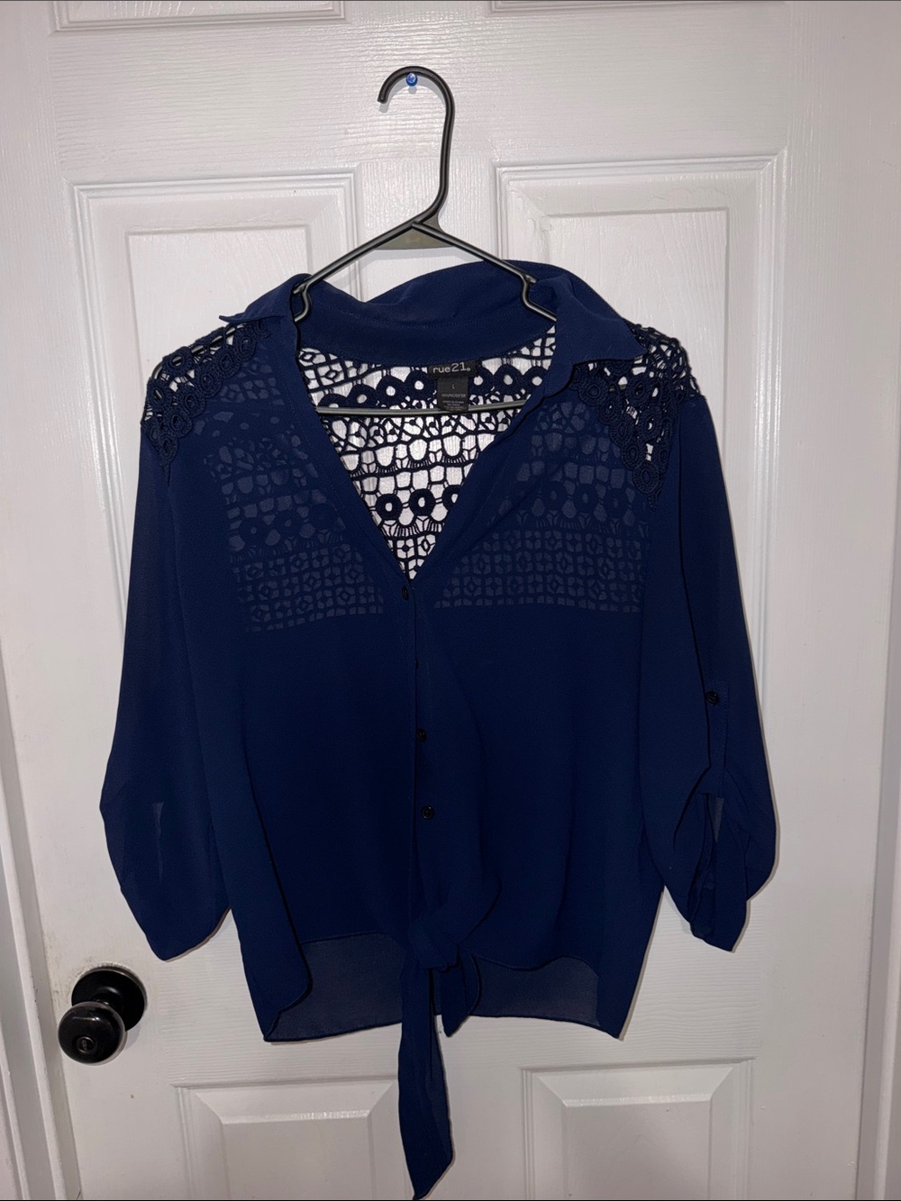 Navy Crochet-Yoke Tie Hem Blouse